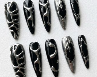 3D Liquid Metal Stiletto Nails, Gothic Silver Chrome Nail Rockstar Press Ons