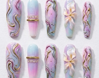 3D Pastel Floral Press On Nails, Chrome Swirl Fake Nails, Coffin Fairycore Mani