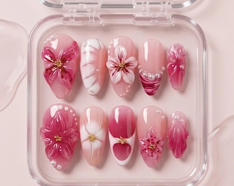 3D Pink Flower Press Ons, Magenta Jelly Nails, Coquette Pearl Fake Nails