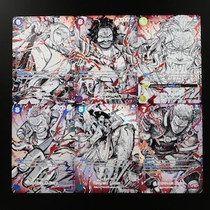 May include: A collection of six One Piece trading cards featuring black and white manga-style illustrations of characters including Yamato, Gol D. Roger, Silvers Rayleigh, Monkey D. Garp, Kozuki Oden, and Roronoa Zoro, accented with red ink splashes.