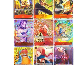 May include: Nine collectible trading cards featuring anime characters. Each card has a unique illustration with vibrant colors and Japanese text. The cards display character names, and numerical values, and are designed with a holographic finish.