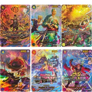 May include: A collection of six One Piece trading cards featuring Sabo, Roronoa Zoro, Zeus, Edward Weevil, Smoker and Tashigi, and Eustass Captain Kid. Each card displays vibrant, colorful character illustrations, power stats, and game text.