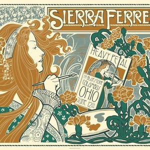 Op de afbeelding: Een concertposter voor Sierra Ferrell met een vrouw met lang golvend haar die een penseel vasthoudt. De tekst luidt Sierra Ferrell, Heavy Petal, The Bluestone, Columbus, Ohio, June 12th 2024. De illustratie gebruikt een palet van groen, goud en crème.