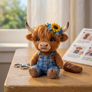May include: A needle-felted Highland cow figurine with shaggy ginger fur, curved horns, and a floral crown of yellow and blue flowers. The cow wears blue plaid overalls. Beside it are metal scissors and a brown leather finger guard on a wooden surface.