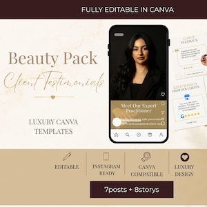15 Beauty Testimonial Canva Templates | Instagram Posts & Stories for Beauty Salons | Client Reviews + Social Proof Pack