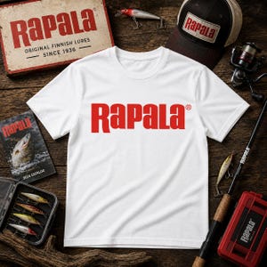May include: A white short-sleeve t-shirt featuring the red Rapala logo printed across the chest. The shirt is made of a smooth fabric and displays the brand name in a bold, sans-serif font with a registered trademark symbol next to the text.