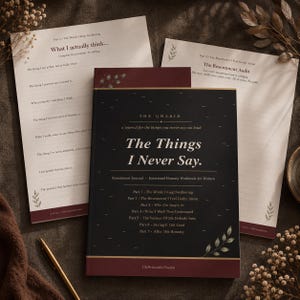 Op de afbeelding: Een zwart dagboek getiteld The Things I Never Say met gouden tekst en bladaccenten, vergezeld van twee geprinte werkboekpagina's met prompts zoals What I actually think en The Resentment Audit, gerangschikt op een donkere stoffen ondergrond.