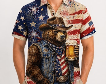 USA 1776 Hawaiian Shirt, Independence Day American Flag Bear Beer Aloha Shirt, Patriotic 4th of July Summer Shirt
