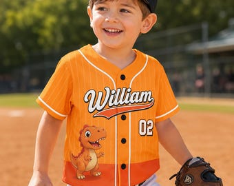 Kid Cartoon Dinosaur Baseball Jersey, Personalized Kids Jersey Shirt, Custom Name Number Dino Sports Shirt, Boys Girls Gift