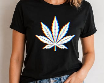 Trippy Weed Leaf RGB T-Shirt, Psychedelic Vaporwave EDM Graphic Tee, Unisex Marijuana Leaf Rave Festival Shirt