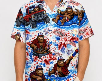 1776 Independence Day Hawaiian Shirt, American Flag BBQ Bigfoot Patriotic Aloha Shirt, USA 4th of July Holiday Shirt