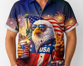 1776 Independence Day Hawaiian Shirt, US Flag Beer Bald Eagle Patriotic Aloha Shirt, USA 4th of July Holiday Shirt