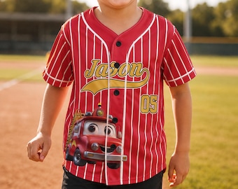 Kid Cartoon Vehicles Baseball Jersey, Personalized Kids Jersey Shirt, Custom Name Number Car Truck Sports Shirt, Boys Gift