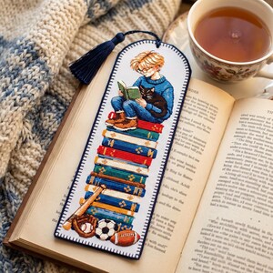 Bookmark Cross Stitch Pattern PDF, Reading Boy with Black Cat on Book Stack