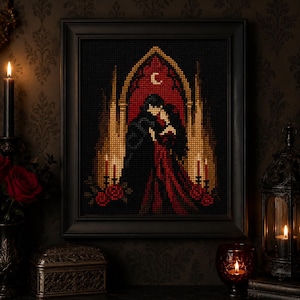 May include: A framed diamond painting featuring a pixelated illustration of two figures embracing within a gothic archway. The scene includes a crescent moon, red roses, and candle flames in a color palette of black, deep red, and golden yellow.