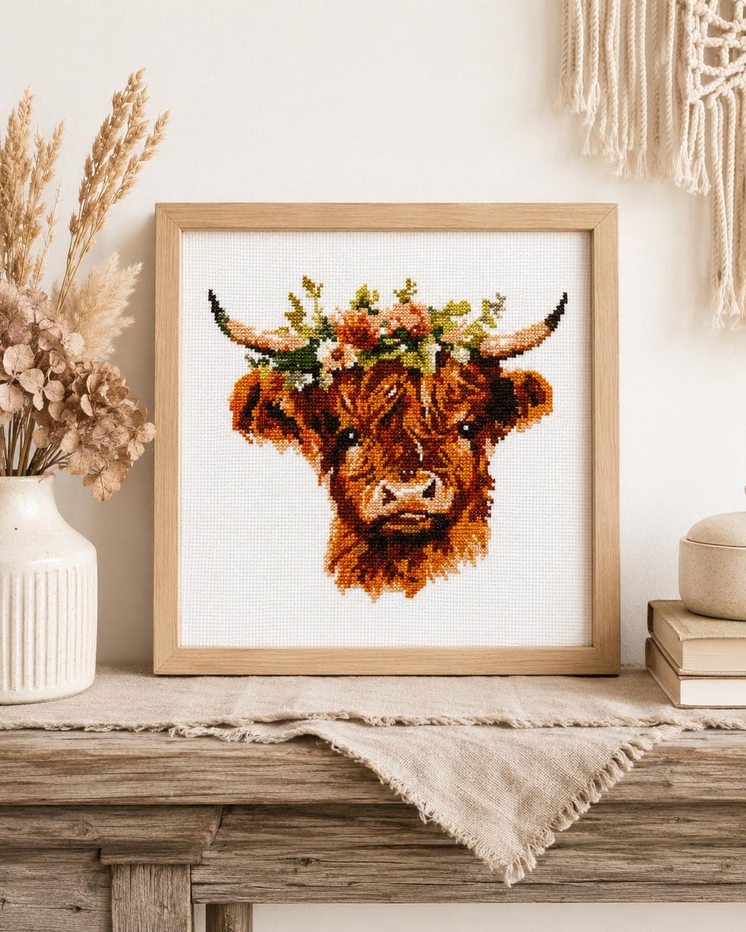 Highland Cow Cross Stitch Pattern PDF | Floral Crown Cow Chart ...