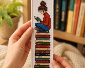 Reading Girl Bookmark Cross Stitch Pattern PDF | Book Lover Bookworm Gift | Stack of Books Counted Cross Stitch | Instant Download