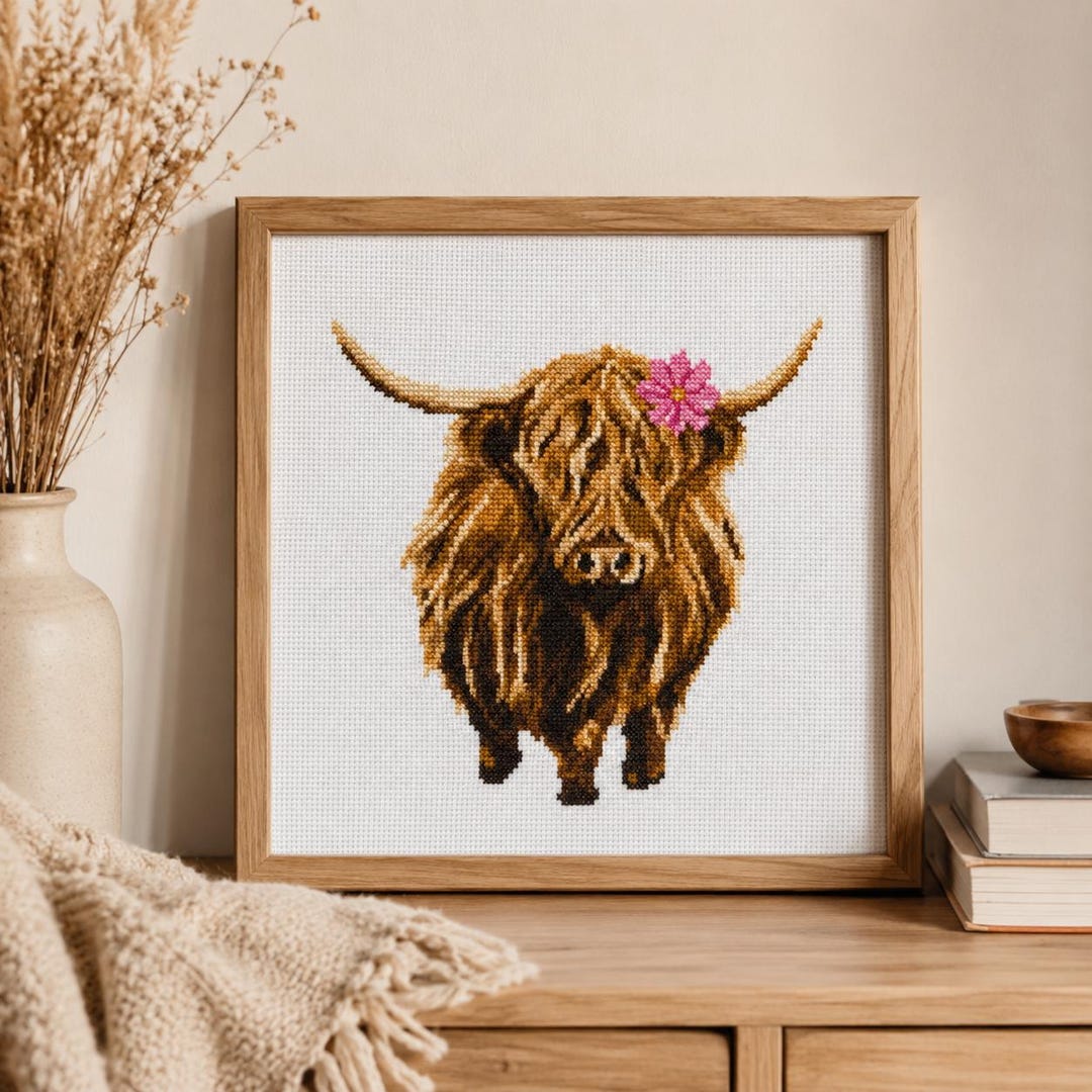 Highland Cow Cross Stitch Pattern PDF | Scottish Cow Pink Flower ...