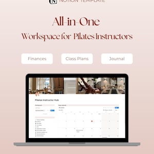 Op de afbeelding: Een laptop met een Notion-sjabloon voor Pilates-instructeurs. Het scherm toont een kalender en secties voor Financiën, Lesplannen en Journal. De tekst luidt "All-in-One Workspace for Pilates Instructors".