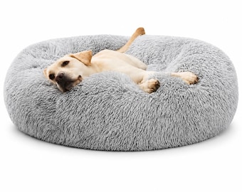 Plush Donut Pet Bed, Calming Round Dog Cat Sofa, Non-Slip Kennel Mat