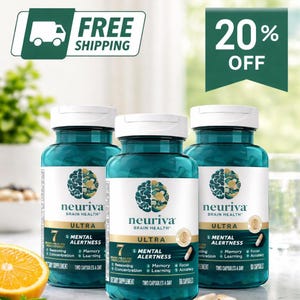 May include: Three identical teal plastic bottles of Neuriva Ultra brain health dietary supplement. Each white label features a brain graphic, the text Neuriva Brain Health Ultra, 7 Brain Health Indicators, and Mental Alertness, with 60 capsules.