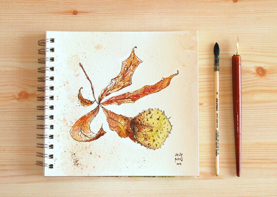 Items similar to Botanical Chestnut Leaf - Original Ink Watercolor Fall ...