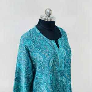 Block Print Tunic Blouse Vintage Silk Crepe Teal Turquoise Paisley Women Shirt Boho Summer Apparel Casual Sleeve V Neck Loose Fit Indigo Tot