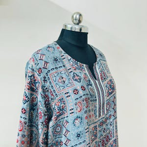 Blue Indian Block Print Tunic Blouse Vintage Silk Crepe Women Patchwork Top Boho Summer Apparel Casual Long Sleeve V Neck Loose Fit Shirts