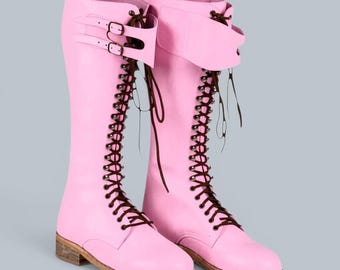 Pink Leather Knee High Lace Up Boots - Pastel Goth Combat Boots - Fairy Grunge Renaissance Faire Boots - Handcrafted Tall Pink Buckle Boots.