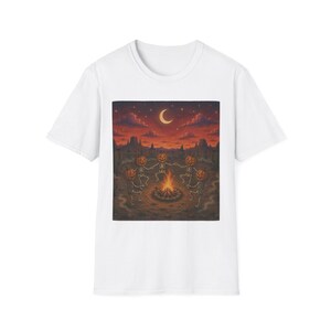 Witch Coven Pumpkin Patch Bonfire T-Shirt | Halloween Crescent Moon Night Campfire Scene