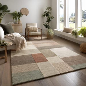 Modern Geometric Area Rug, Neutral Patchwork Living Room Rug Handmade Wool Carpet, Scandinavian Minimalist Home Decor Rug, Bedroom Floor Mat