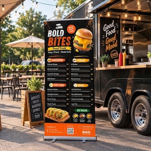 May include: A vertical black and orange retractable banner for a food truck named Bold Bites. The banner displays a menu with categories for hamburgers, burritos, and tacos, featuring images of a cheeseburger and tacos, along with a QR code.