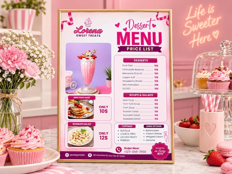 Dessert Menu Template Canva | Pink Bakery Menu | Editable Price List ...