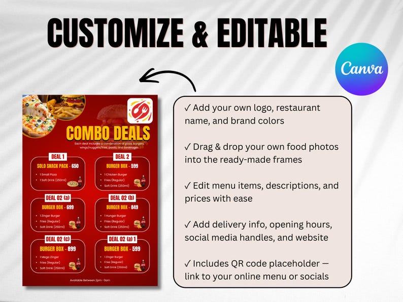 Generic Menu Card Editable Editable Restaurant Menu Canva Template | Pizza Burger Combo Deal ...