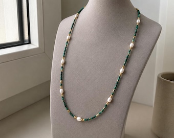 Gargantilla de perlas de malaquita: Collar de cadena para clavícula con cuentas de estilo retro de bosque