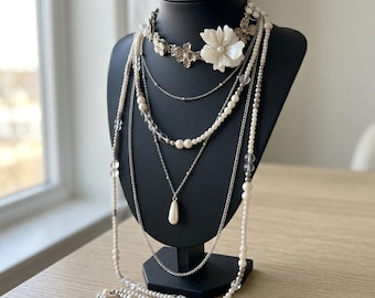Collar de flores de perlas en capas - Collar llamativo de estilo vintage