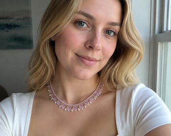 Pink Scalloped Beaded Necklace - Woven Seed Bead Collar with Pearl Drops