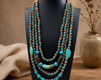 Boho Layered Beaded Necklace: Long Vintage Wooden Statement Jewelry