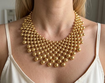 Collar babero con cuentas doradas - Collar llamativo de plata gruesa