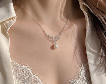 Silver Lace Pearl Necklace: Vintage Filigree Pendant Bridal Jewelry