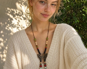 Collar de mariposa de cerámica - Cadena larga de suéter vintage con cordón ajustable