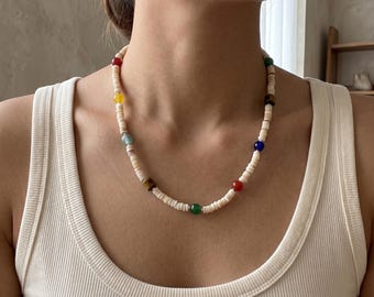 Shell Bead Necklace with Colorful Stone Accents - Boho Summer Choker