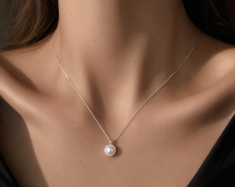 Collar con colgante de perla - Perla individual de 10 mm, joyería de plata de ley 925