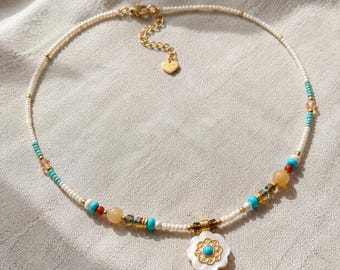 Gargantilla de cuentas con forma de flor de concha: collar de cuentas de semillas turquesas estilo boho, joyería estilo boho