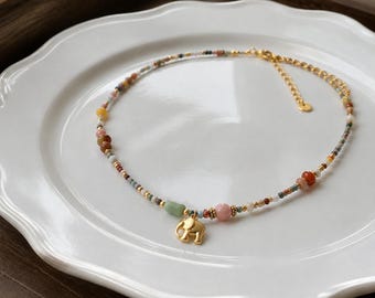 Elephant Beaded Necklace: Colorful Titanium Steel Choker for Layering