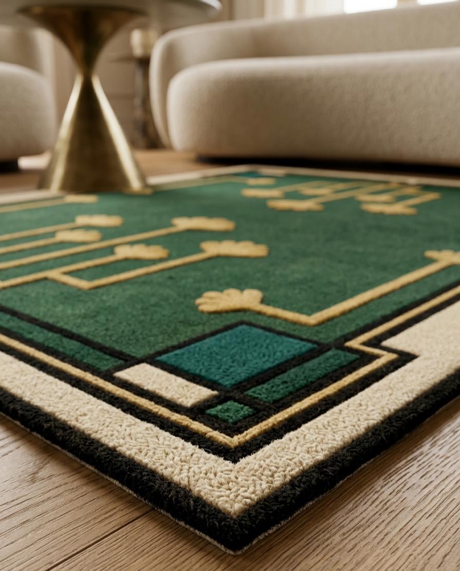 Art Deco Hand Tufted Wool Rug Green Gold Geometric Luxury Carpet ...