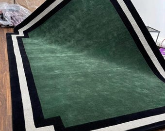 Modern Abstract Tufted Wool Rug - Emerald Green, Black & Silver Gray Large Area Carpet for Living Room Luxury Bedroom, Custom Geometric Rug