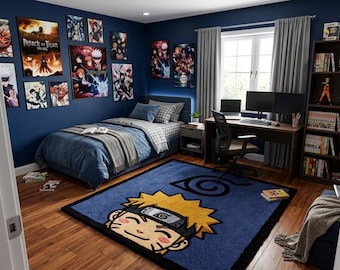 Premium Tufted Area Rug Anime Inspired Wool Rug,Blue Statement Floor Carpet, Handmade Character Rug,Cozy Bedroom Decor,Custom Large Area Rug
