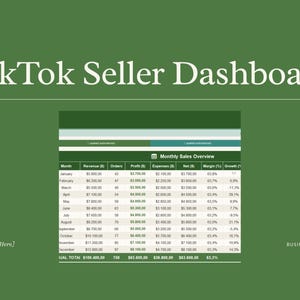 May include: A green graphic with the text "TikTok Seller Dashboard" at the top. Below is a table titled "Monthly Sales Overview" showing revenue, orders, profit, expenses, net, margin, and growth for each month. The bottom left corner says "[Your Name Here]" and the bottom right says "BUSINESS ANALYST".