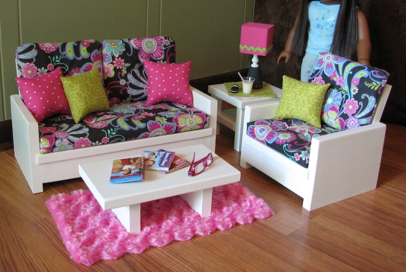 18" Doll Furniture - American Girl sized Living Room - Loveseat / Chair / Coffee Table / End Table / Lamp / Rug - 2015 SHIPPING ONLY